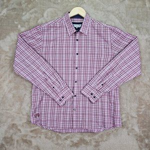 John Lennon Button-Down Oxford Shirt Pink Plaid Embroidered Long Sleeve Men's XL